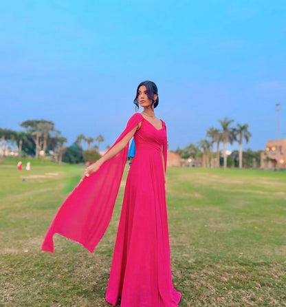 Robe de bal trapèze rose vif en mousseline de soie, robe d'invitée de mariage J6195