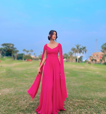 Robe de bal trapèze rose vif en mousseline de soie, robe d'invitée de mariage J6195