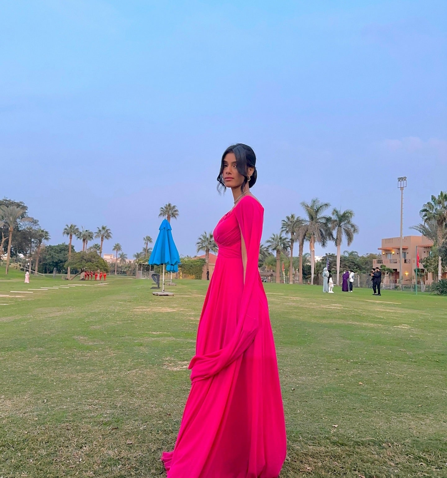 Robe de bal trapèze rose vif en mousseline de soie, robe d'invitée de mariage J6195