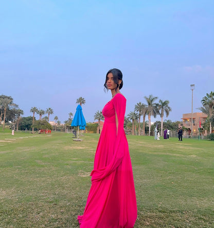 Robe de bal trapèze rose vif en mousseline de soie, robe d'invitée de mariage J6195