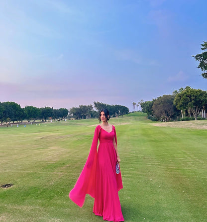 Robe de bal trapèze rose vif en mousseline de soie, robe d'invitée de mariage J6195