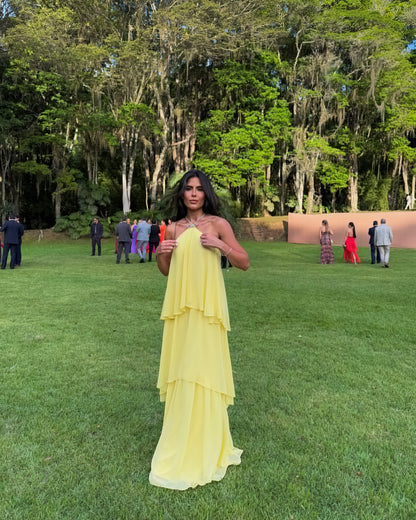 Robe de bal jaune trapèze en mousseline de soie à volants étagés J6198