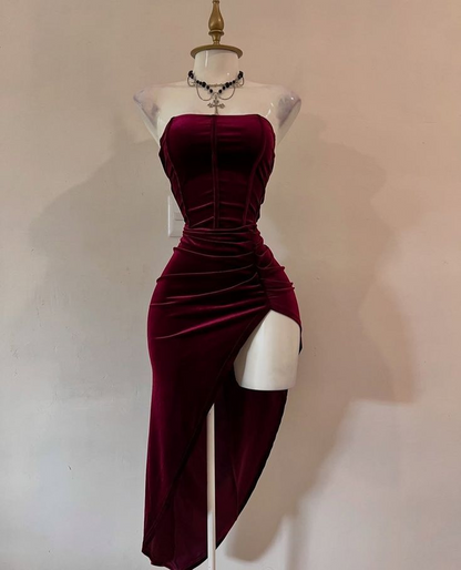 Sexy Strapless Slit Evening Dress Burgundy Birthday Dress Prom Dress J8668
