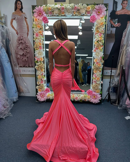 Pink Mermaid Prom Dress Backless Formal Party Dress J6202