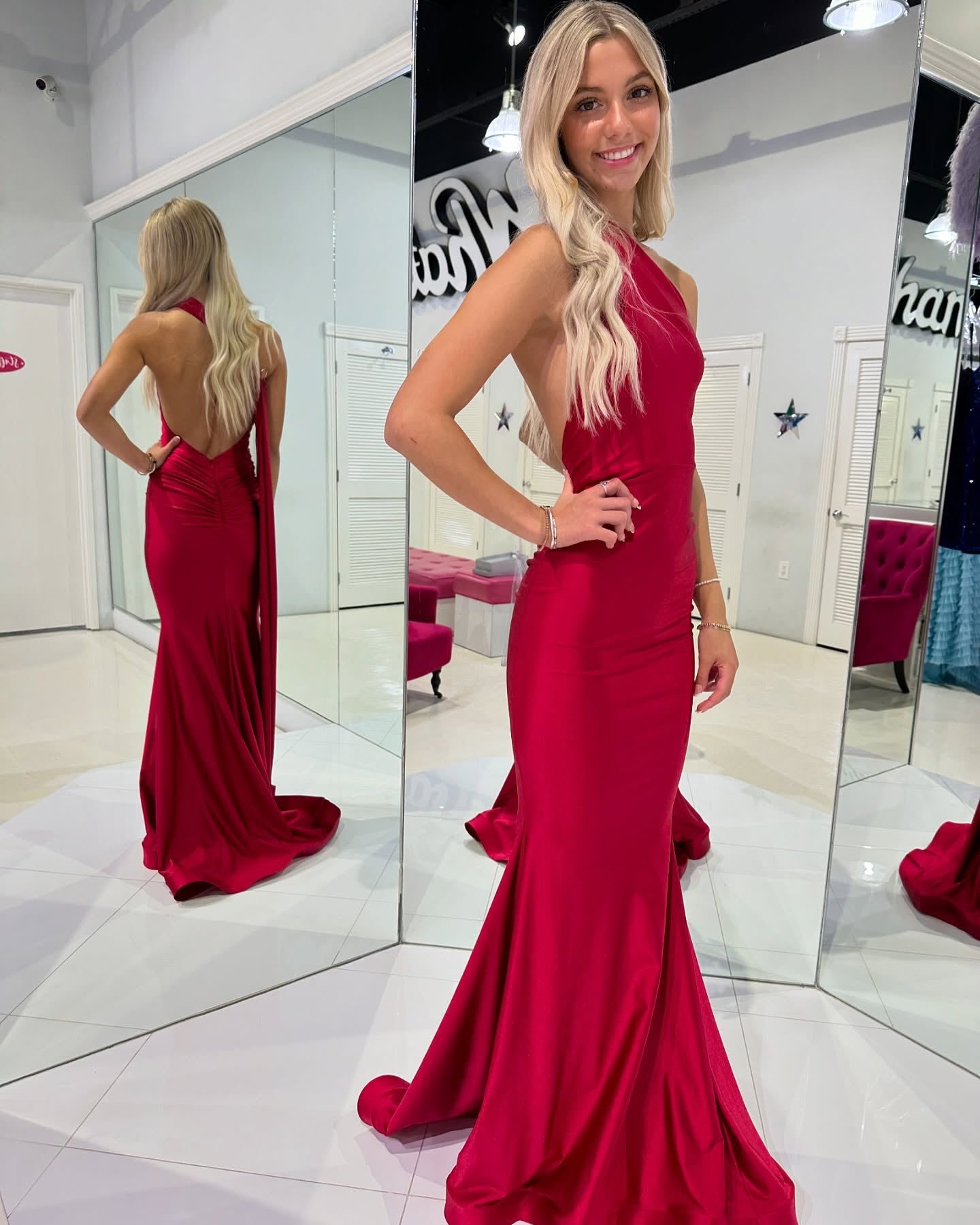 One Shoulder Red Mermaid Prom Dress Backless Sexy Evening Gown J6205