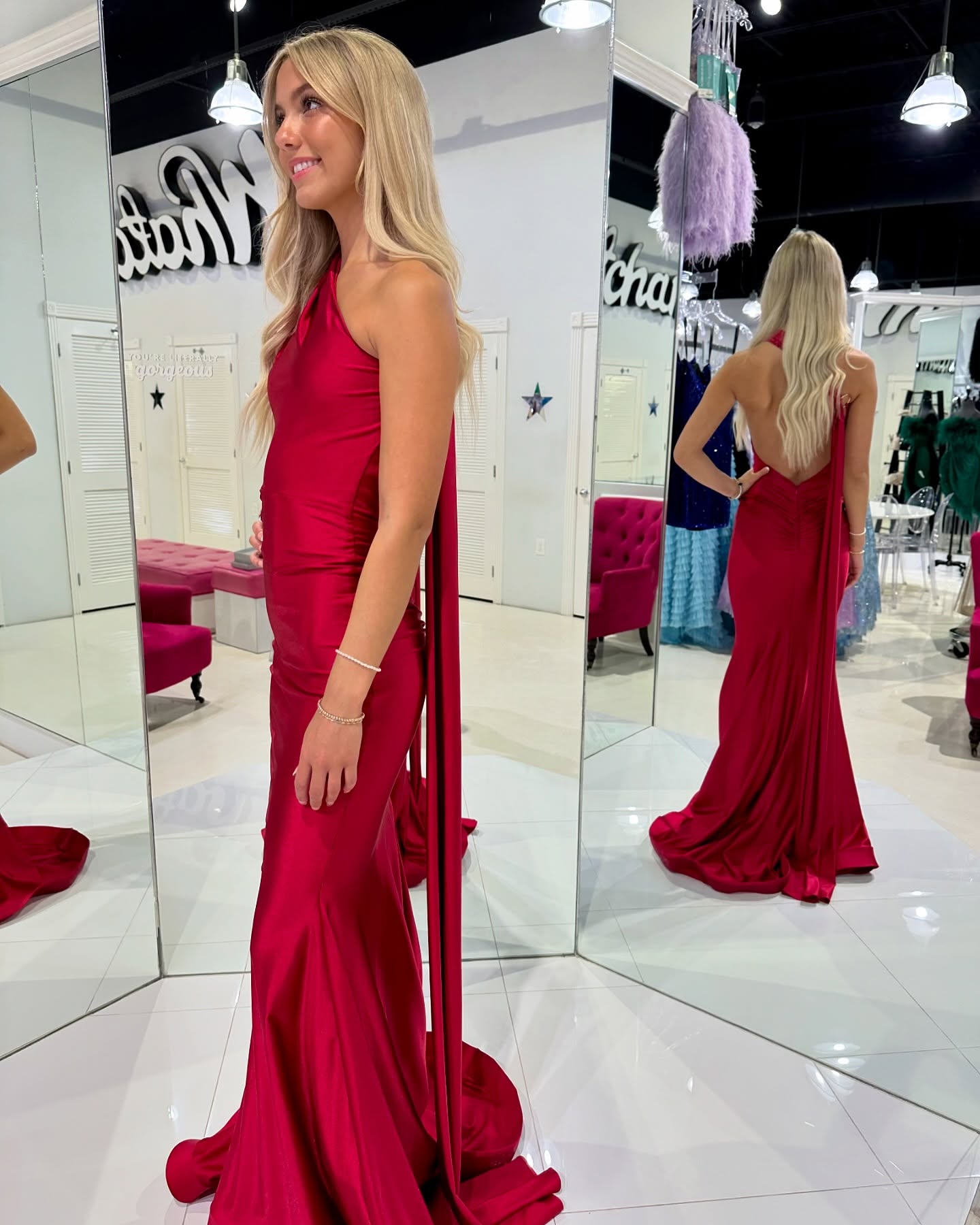 One Shoulder Red Mermaid Prom Dress Backless Sexy Evening Gown J6205