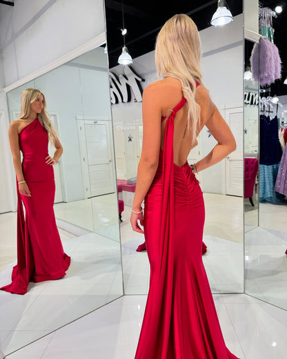 One Shoulder Red Mermaid Prom Dress Backless Sexy Evening Gown J6205