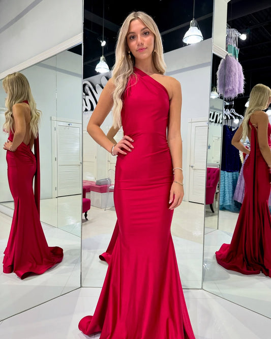 One-Shoulder-Rot Meerjungfrau Ballkleid Rückenfrei Sexy Abendkleid J6205