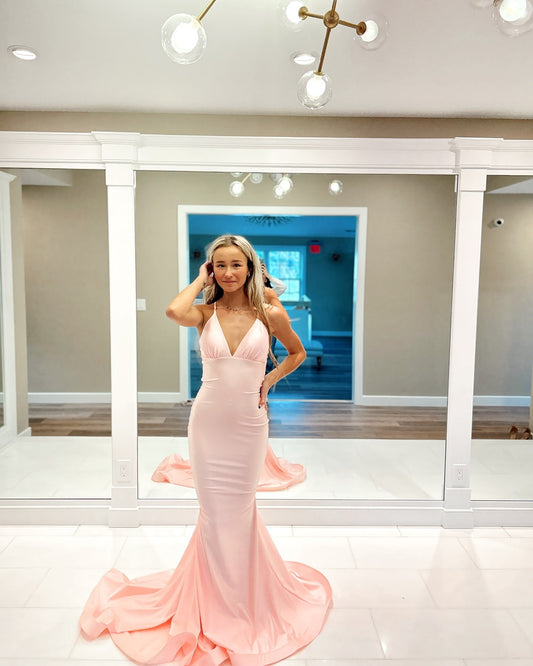 V Neck Pink Prom Dress Mermaid Satin Evening Gown J6206