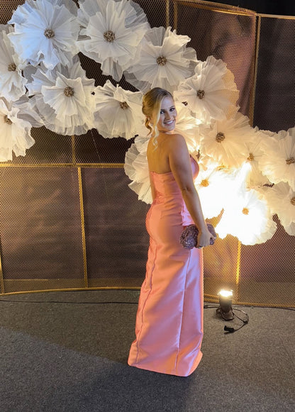 Strapless Pink Sheath Prom Dress Ruffle Wedding Guest Dress J7803