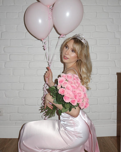 Robe de bal rose clair style sirène dos nu, tenue d'anniversaire J6210