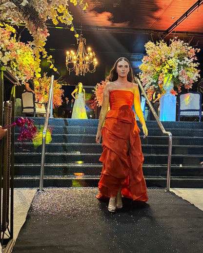 Strapless A Line Ruffle Orange Prom Dress Slit Wedding Guest Dress J6215