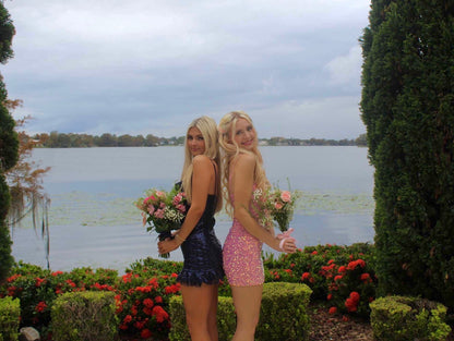 Robe fourreau rose à sequins, robe de bal courte, J6219