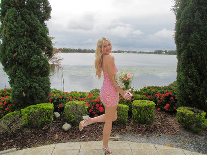 Robe fourreau rose à sequins, robe de bal courte, J6219