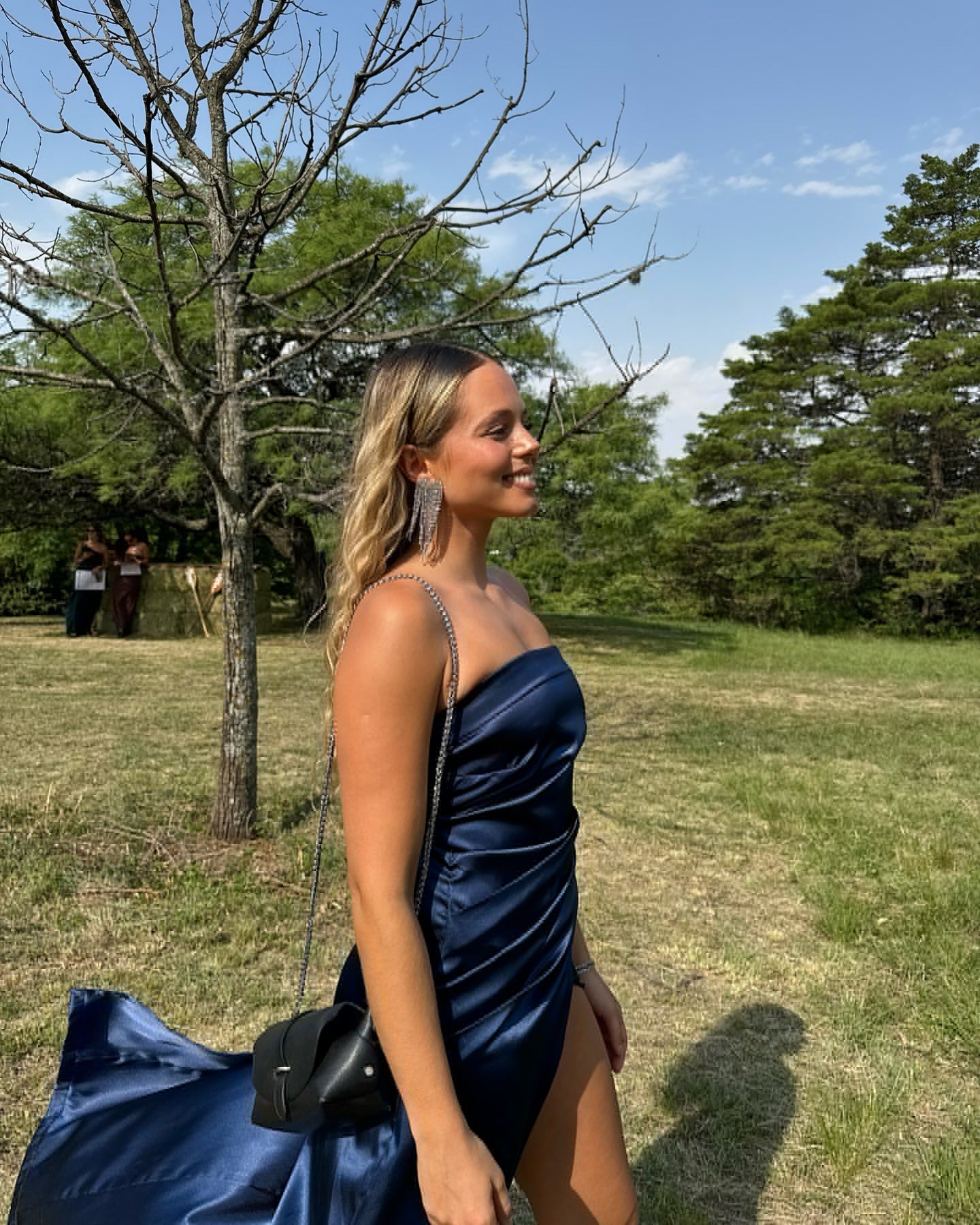 Strapless Satin Blue Prom Dress Slit Formal Party Dress J6220