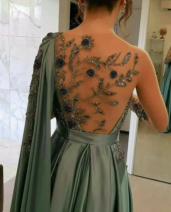 Robe de soirée formelle en satin vert, coupe trapèze, perles, J6297