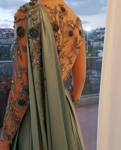 Robe de soirée formelle en satin vert, coupe trapèze, perles, J6297