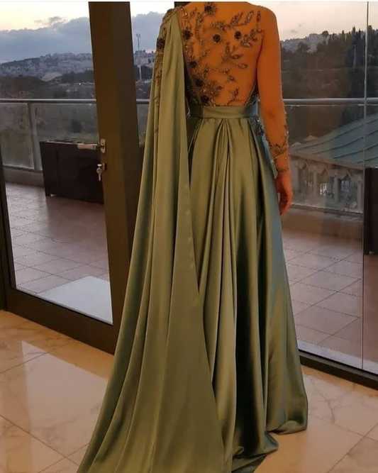 Satin A Line Green Prom Dress Beads Formal Evening Dress J6297