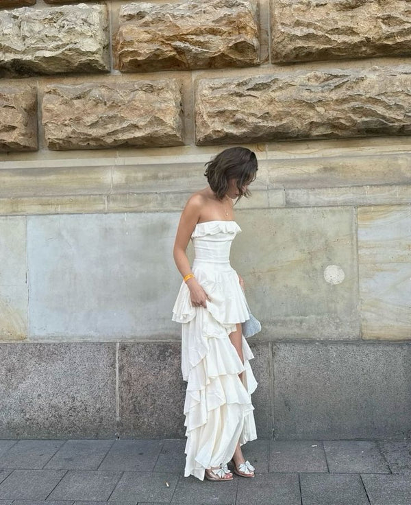 Robe de bal bustier trapèze à volants et fentes, tenue d'anniversaire J6298