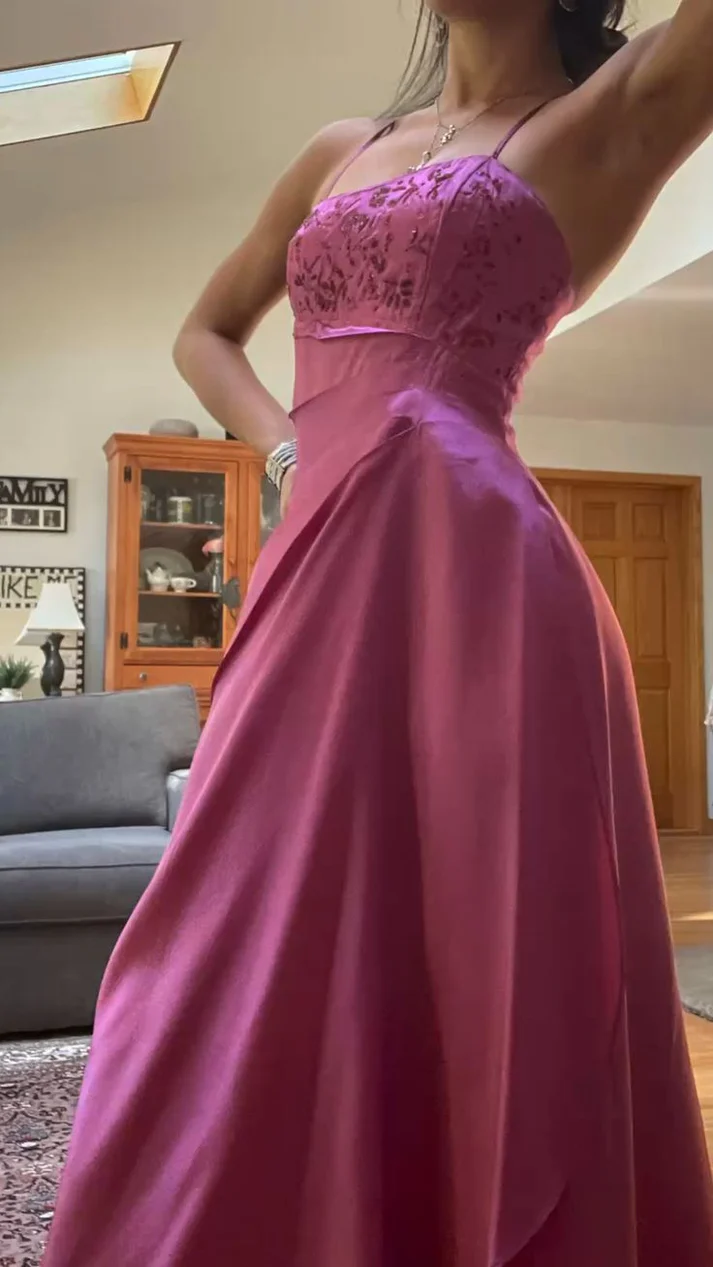 Spaghetti Straps A Line Pink Prom Dress Vintage Formal Party Dress J6302