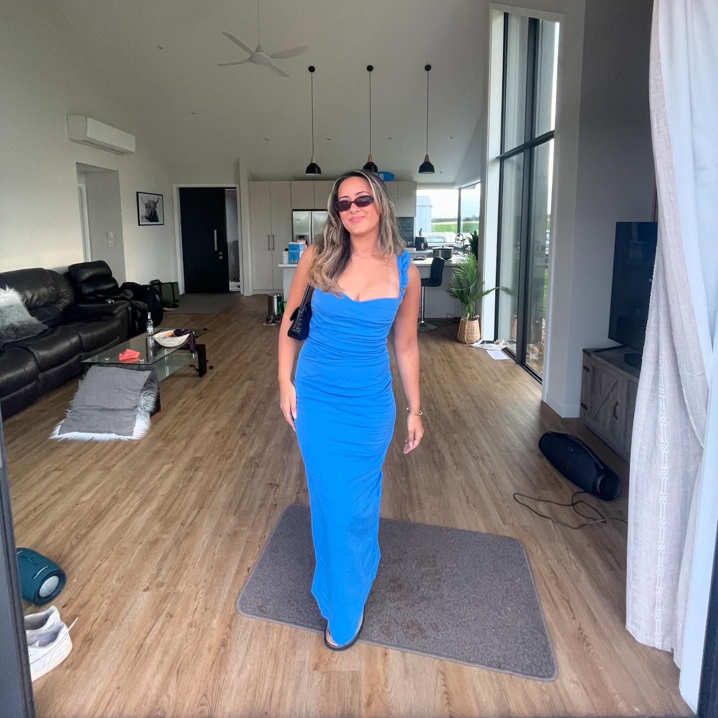 Blue Sheath Prom Dress Ruffle Straps Evening Gown J6236