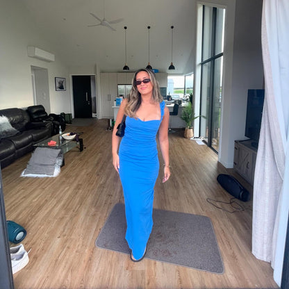 Blue Sheath Prom Dress Ruffle Straps Evening Gown J6236