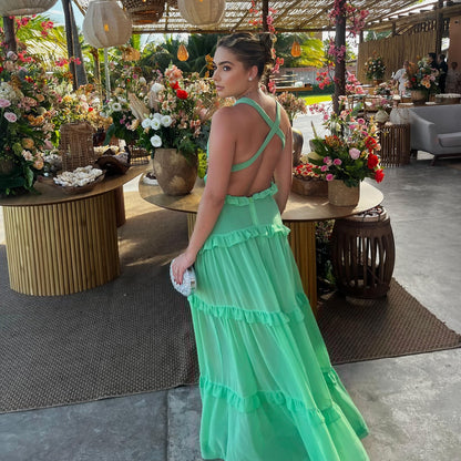 Robe de soirée verte à volants et col en V pour invité de mariage J6240