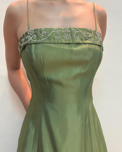 Spaghettiträger A-Linie Grün Formales Kleid Vintage Abendkleid J6243