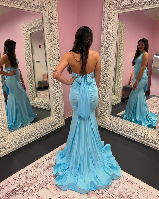 V-Ausschnitt Neckholder Meerjungfrau Ballkleid Blau Formales Abendkleid J6250