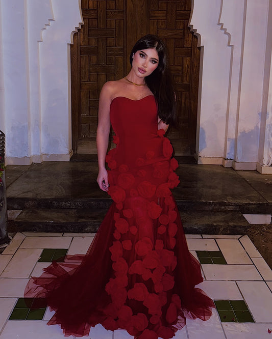 Red 3d Flower Mermaid Evening Dress Formal Party Gown Birthday Dress J6251