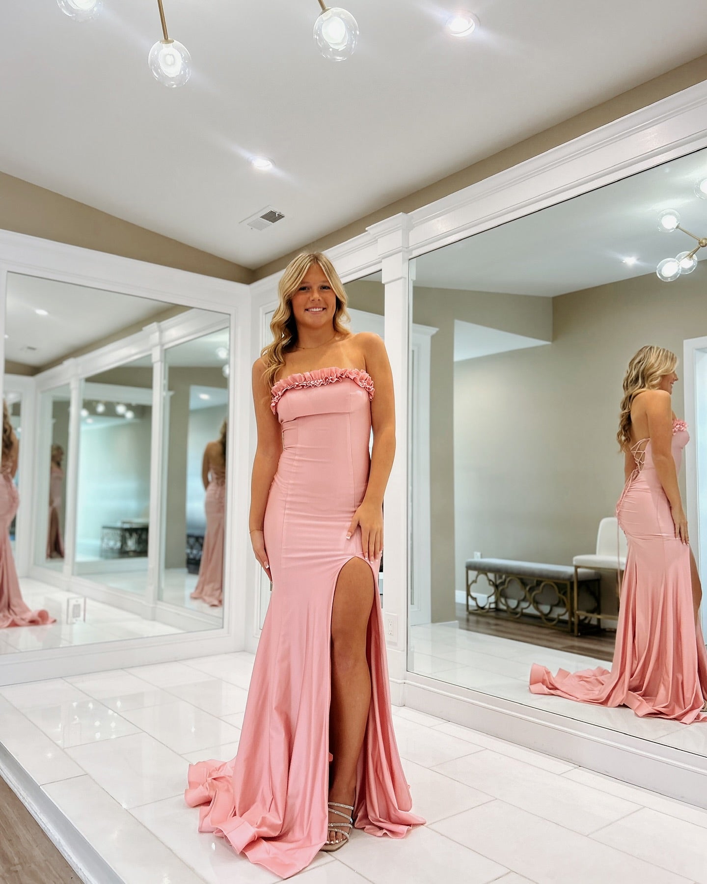 Meerjungfrau Rosa Schlitz Ballkleid Satin Formales Abendkleid J6253