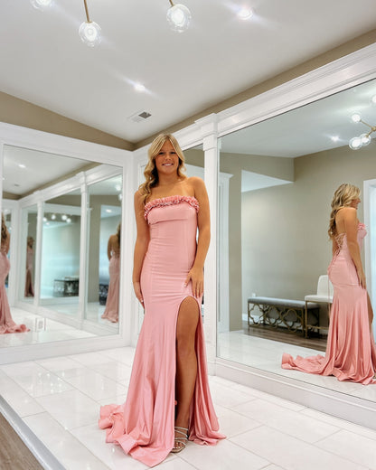 Meerjungfrau Rosa Schlitz Ballkleid Satin Formales Abendkleid J6253