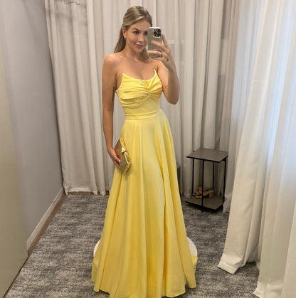 A Line Satin Yellow Prom Dress Formal Evening Dress J6254