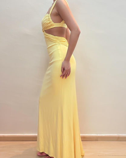 Vintage rückenfreies Meerjungfrau-Ballkleid in Gelb, formelles Abendkleid, Partykleid J6255