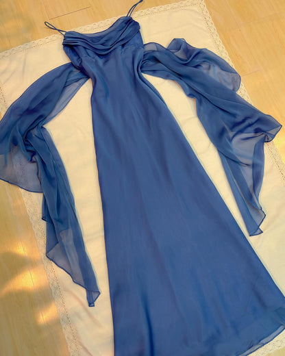 Spaghettiträger Blau Chiffon Rüschen Ballkleid Vintage Abendkleid J6256