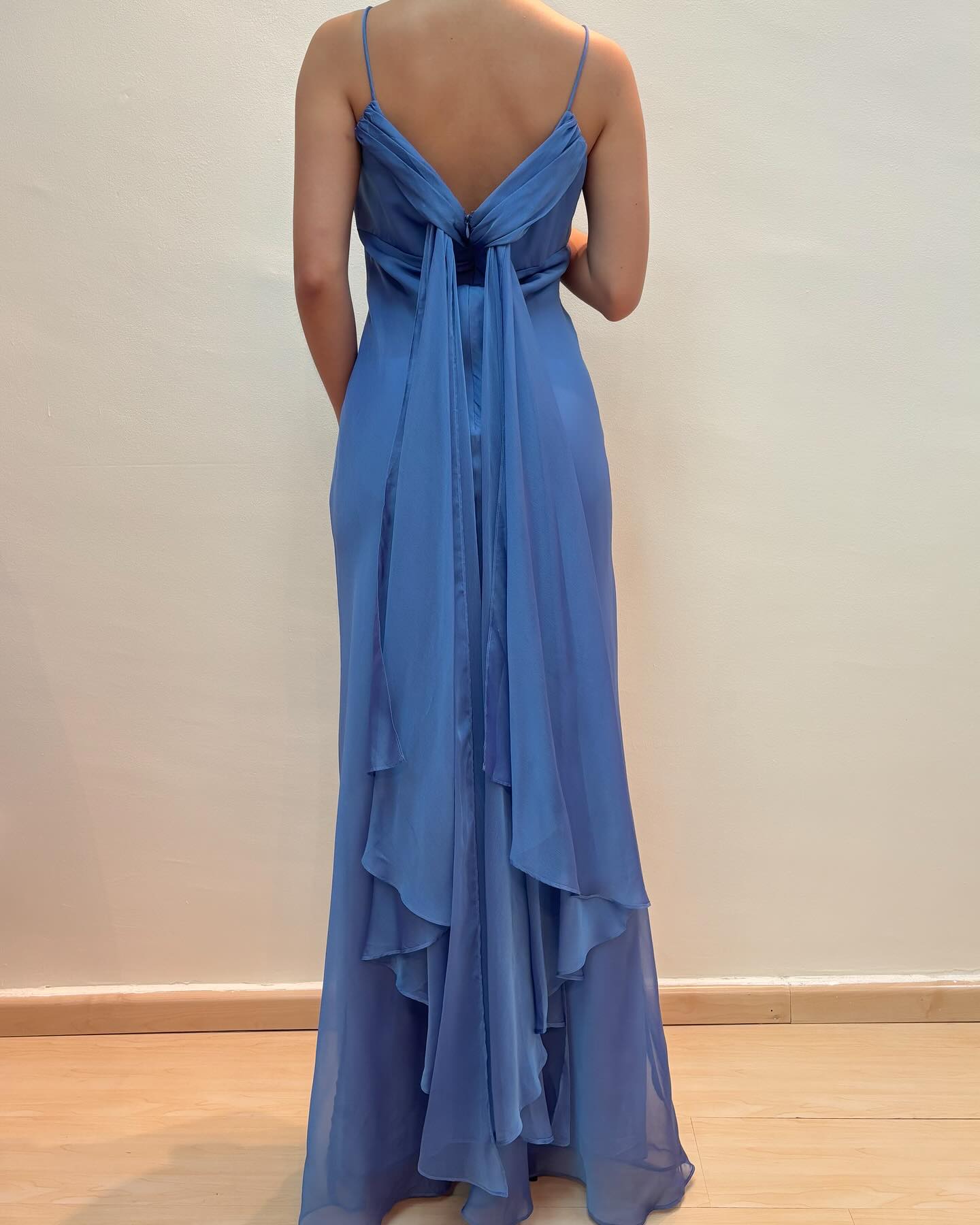 Spaghettiträger Blau Chiffon Rüschen Ballkleid Vintage Abendkleid J6256