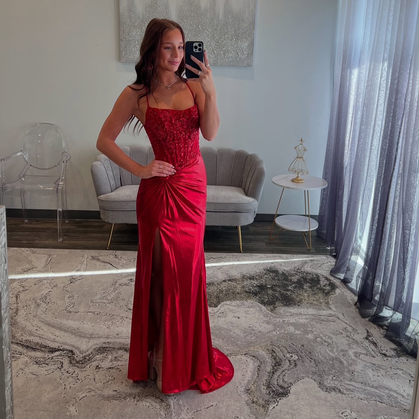 Meerjungfrau Rot Applikation Ballkleid Satin Abendkleid Formale Partykleid J6264