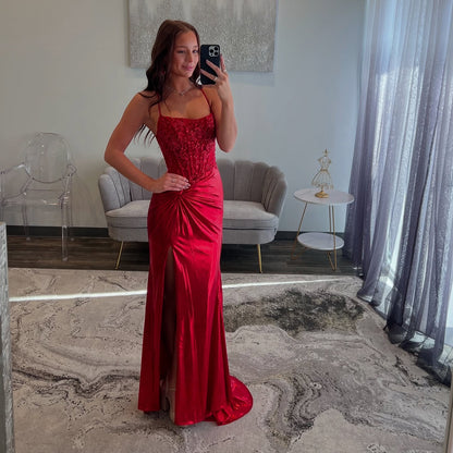 Meerjungfrau Rot Applikation Ballkleid Satin Abendkleid Formale Partykleid J6264