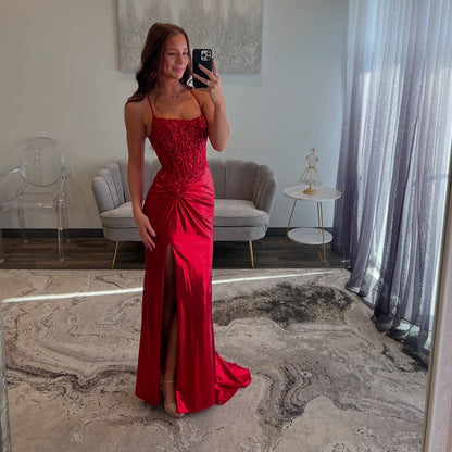 Meerjungfrau Rot Applikation Ballkleid Satin Abendkleid Formale Partykleid J6264