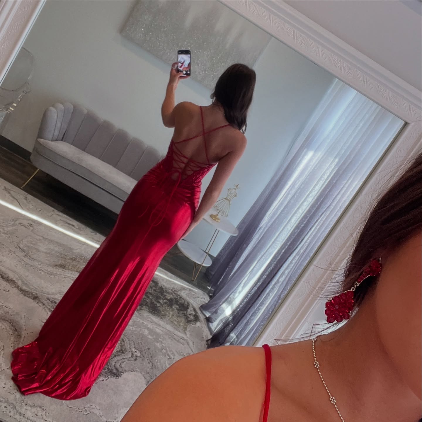 Meerjungfrau Rot Applikation Ballkleid Satin Abendkleid Formale Partykleid J6264