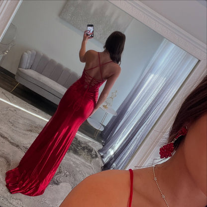 Meerjungfrau Rot Applikation Ballkleid Satin Abendkleid Formale Partykleid J6264