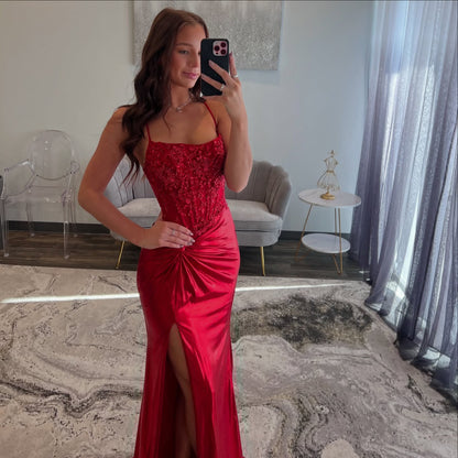 Meerjungfrau Rot Applikation Ballkleid Satin Abendkleid Formale Partykleid J6264