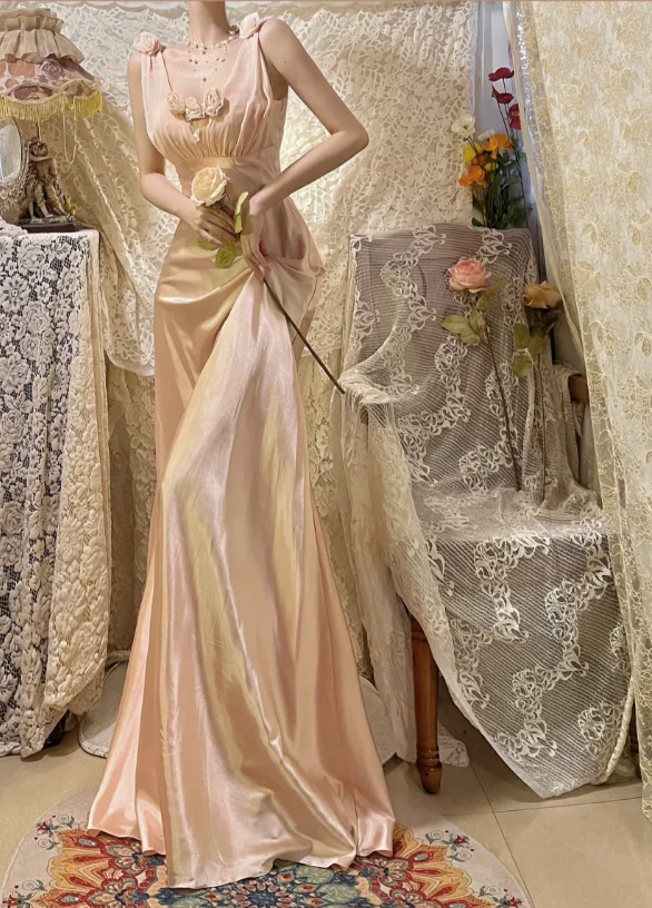 Pink V-Neck Satin Long Prom Dress With Ruffle J8775