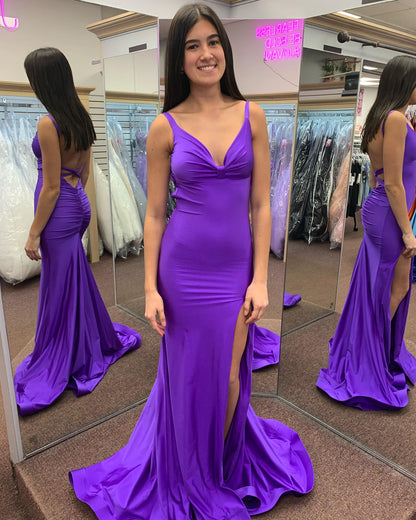 Backless Mermaid Purple Prom Dress Satin Evening Formal Party Gown J6266