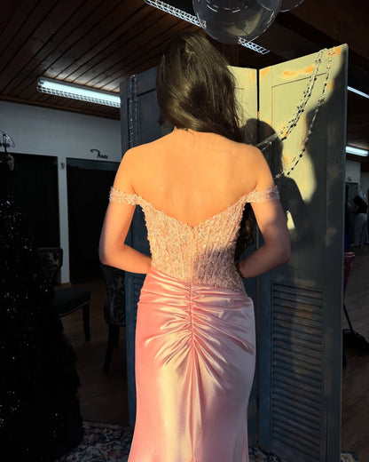 Off The Shoulder Mermaid Pink Prom Dress Satin Evening Dress J6270