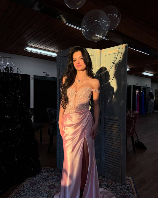 Schulterfreies Meerjungfrau-Rosa-Ballkleid aus Satin J6270