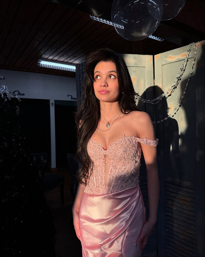 Off The Shoulder Mermaid Pink Prom Dress Satin Evening Dress J6270