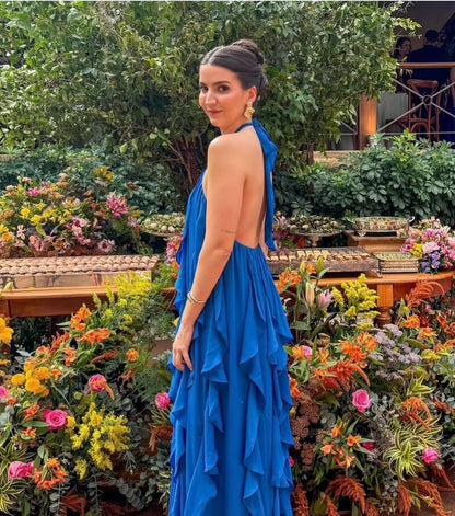 Robe de soirée formelle bleue à col licou et volants en mousseline de soie, robe d'invitée de mariage J6271