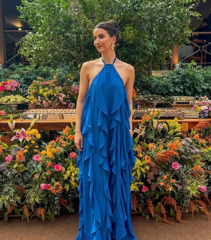 Robe de soirée formelle bleue à col licou et volants en mousseline de soie, robe d'invitée de mariage J6271