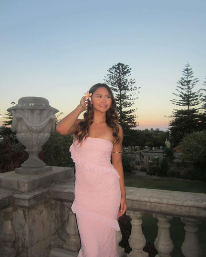 Strapless Sheath Lace Pink Prom Dress Ruffle Formal Party Dress J6275